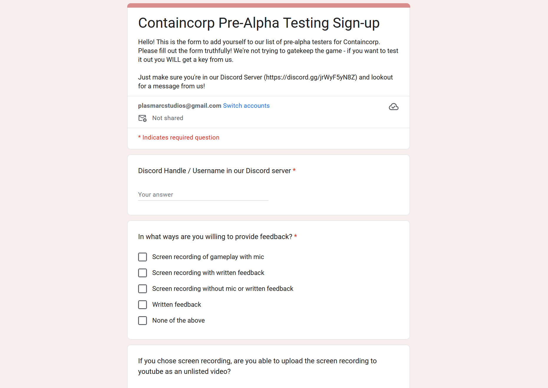 Google form for pre-alpha testing