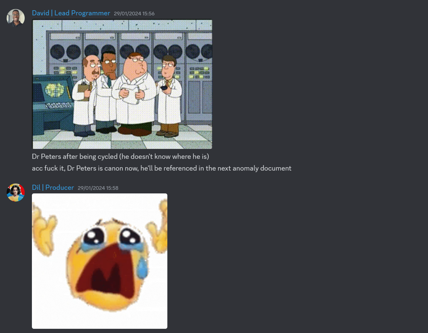 Discord message of Peter's addition to Containcorp